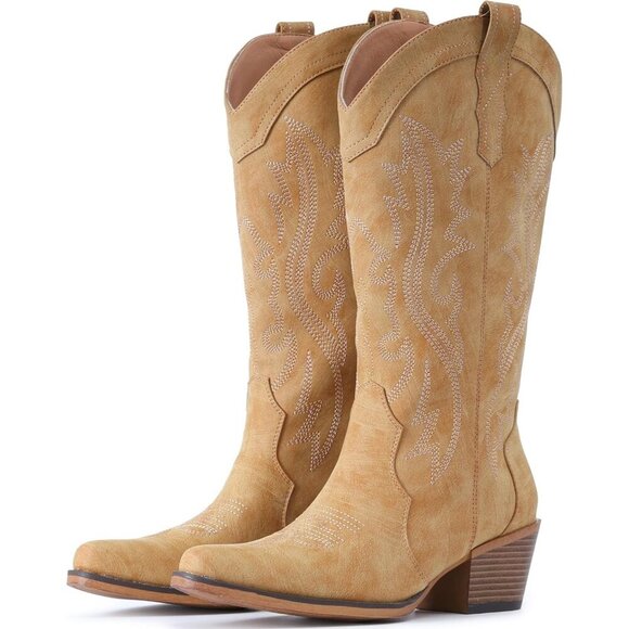 Shoes - Women's Yellow Brown Western Cowgirl Chunky Heel Mid Calf Snip Toe Insteps Boots